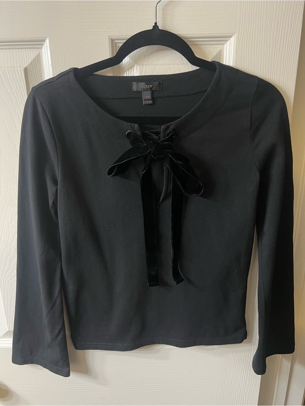 J. Crew Black Long-Sleeve Scoop Neck Top with Velvet Tie